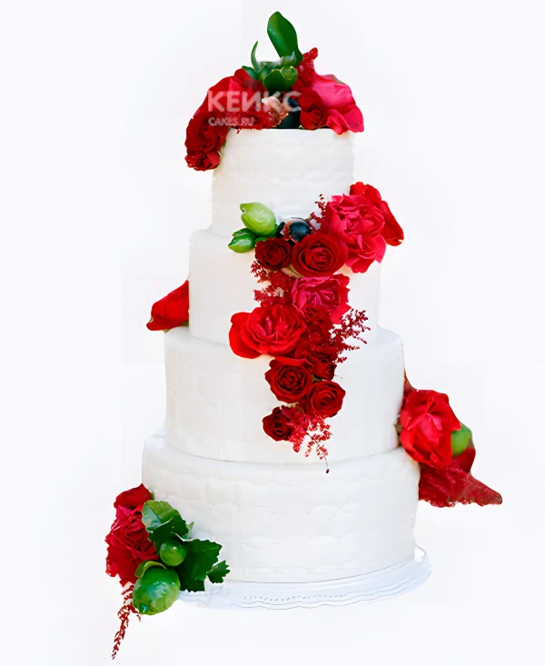 Свадебный торт с красными розами со стяжкой Фото