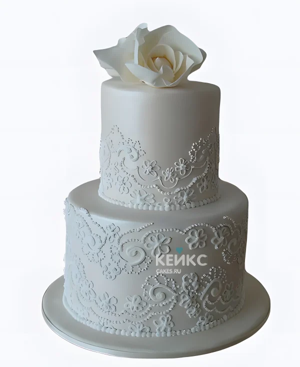 Свадебный торт с кружевом Белая роза в кружеве Фото