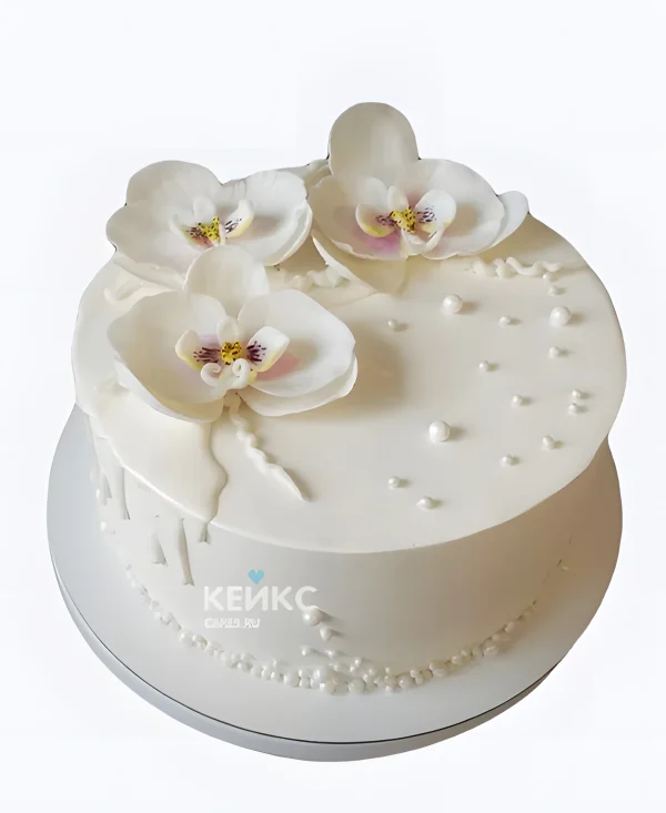 Свадебный торт с орхидеями и жемчугом Фото