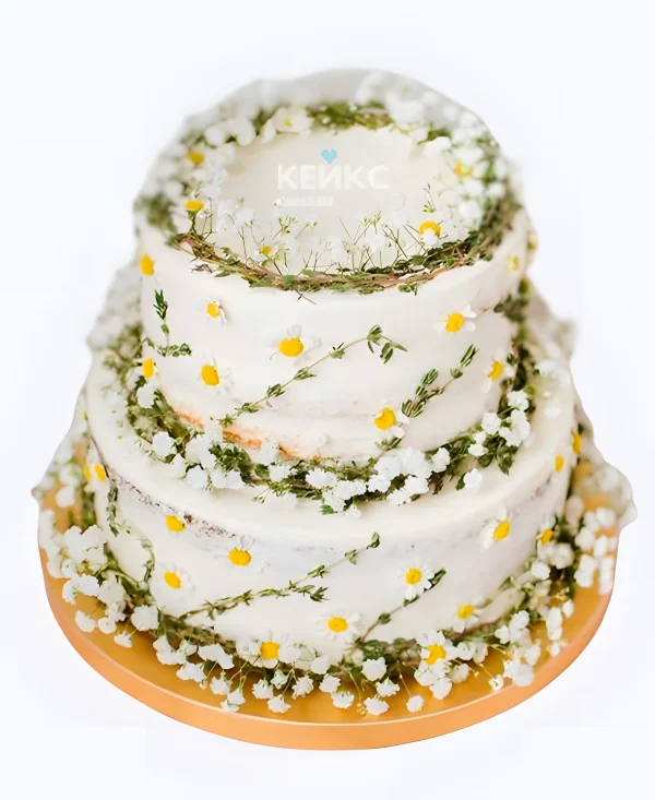 Свадебный торт с ромашками Венки на ярусах Фото