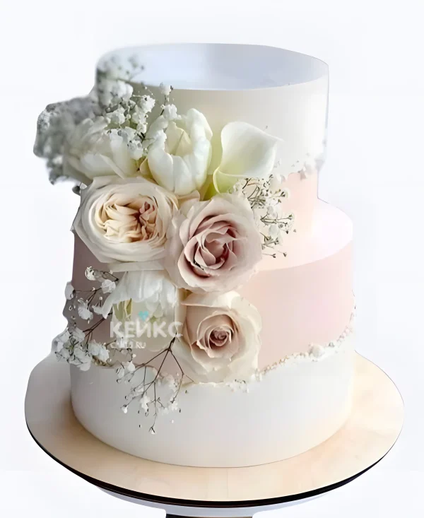 Свадебный торт с розами бело-розовый Фото