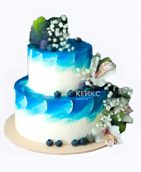 Свадебный торт с синими мазками голубикой и цветами Фото