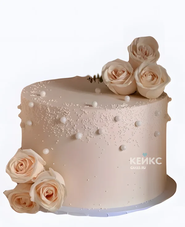 Свадебный торт с жемчугом Бежевый с розами Фото