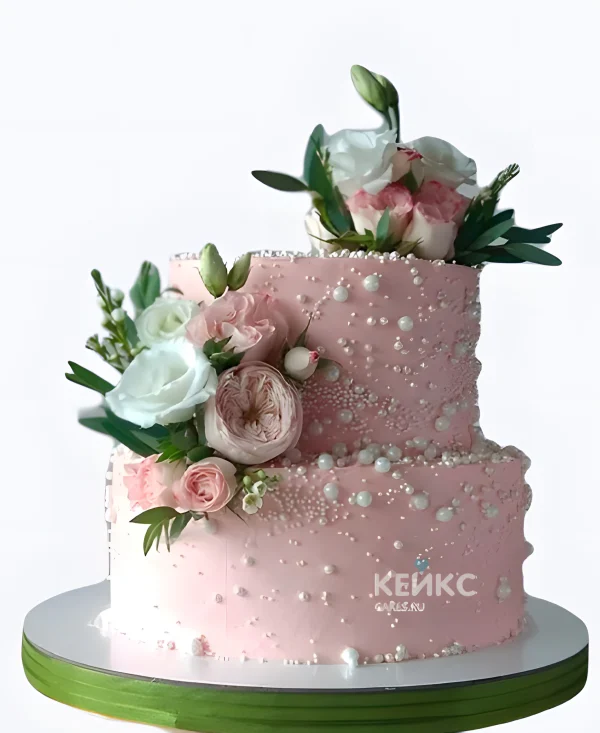 Свадебный торт с живыми цветами и жемчугом Фото