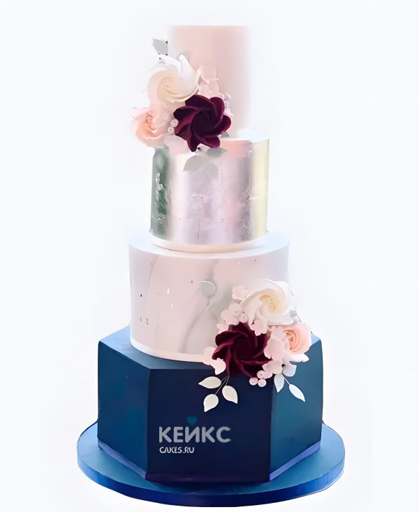 Свадебный торт синий с серебром и цветами Фото
