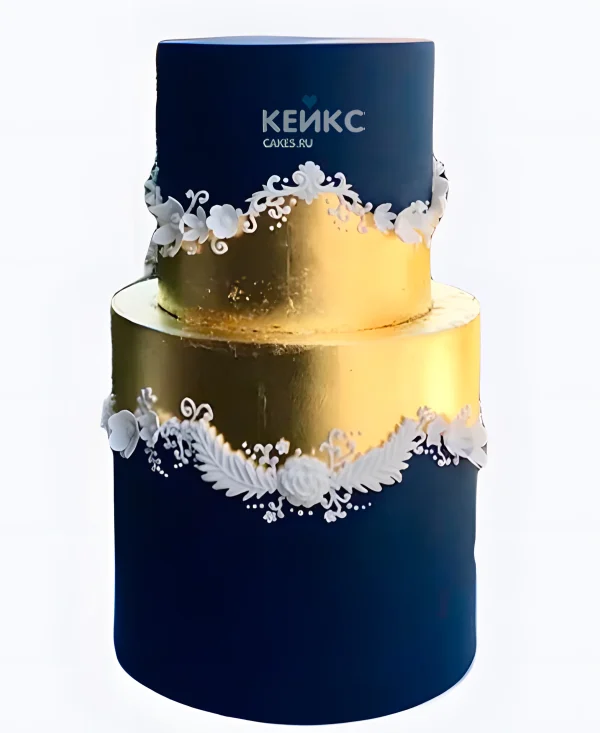Свадебный торт синий с золотой сердцевиной и цветочными узорами Фото