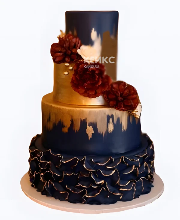 Свадебный торт синий с золотым с рюшами и бордовыми цветами Фото