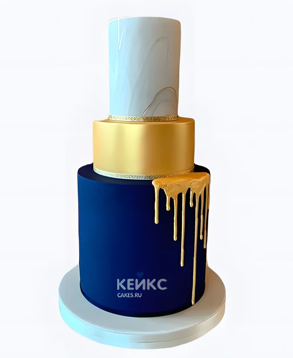 Свадебный торт синий с золотыми подтеками Фото