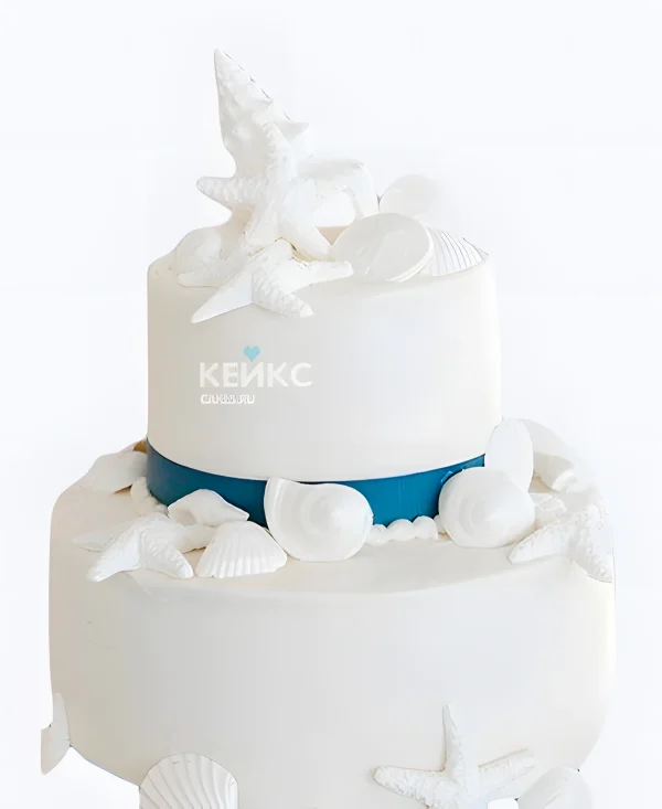 Свадебный торт в морском стиле Белые ракушки с голубой лентой Фото