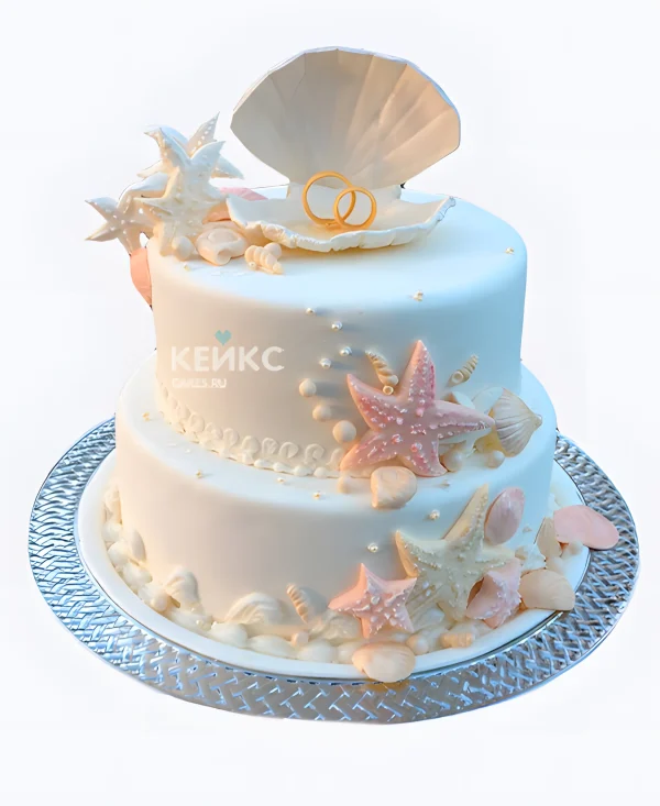 Свадебный торт в морском стиле Кольца в ракушке Фото
