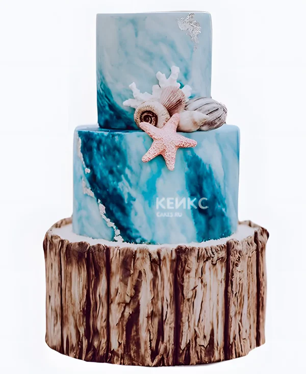 Свадебный торт в морском стиле трехъярусный с кораллами Фото