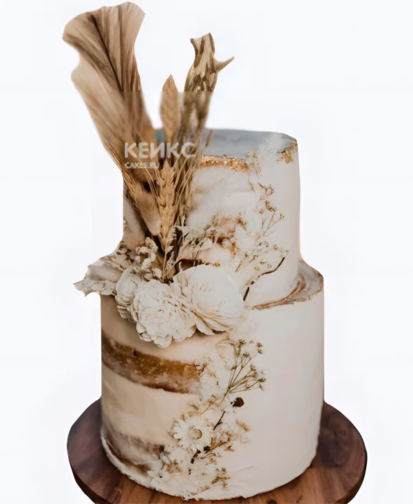 Свадебный торт в стиле Бохо с сухоцветами и золотой окантовкой Фото