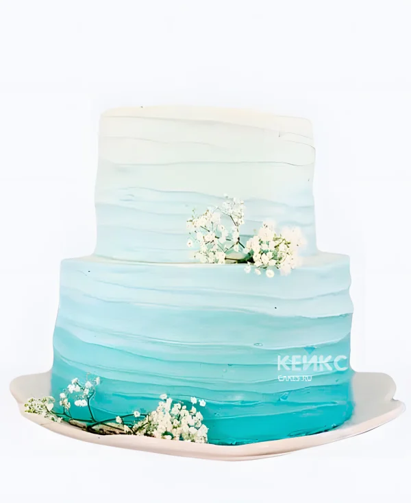 Свадебный торт в стиле Омбре нежно-голубой с цветочками Фото