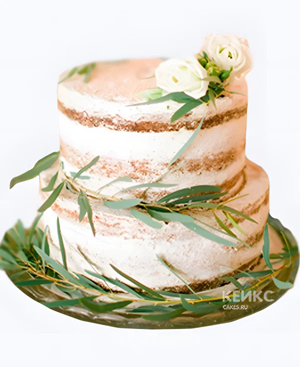 Свадебный торт в стиле Рустик с розами и веточкой Фото