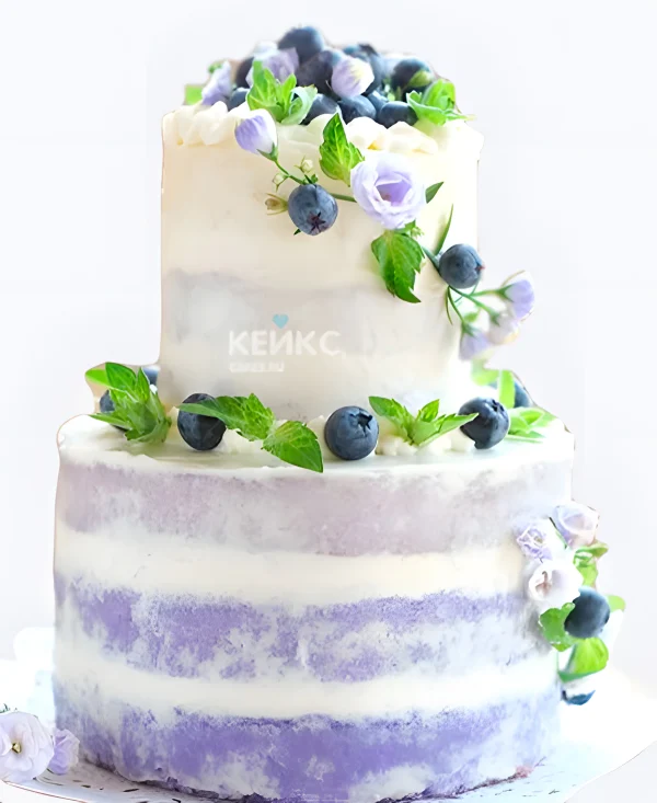 Свадебный торт в стиле Рустик с голубикой и цветами Фото