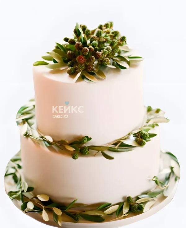 Свадебный торт в стиле Рустик зеленые веточки Фото