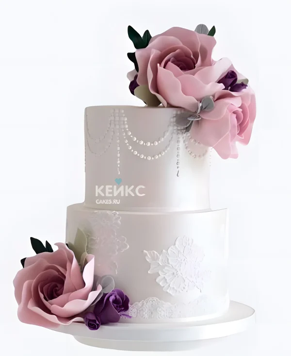 Свадебный торт в стиле Шебби Шик Розы с узорами Фото