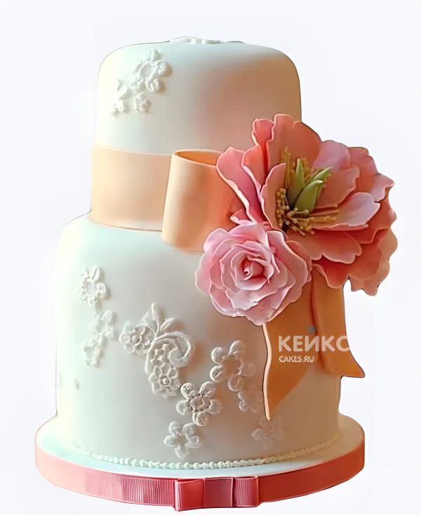 Свадебный торт в стиле Шебби Шик Цветы с лентой Фото