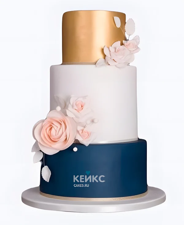 Свадебный торт золотой белый и синий ярус Фото