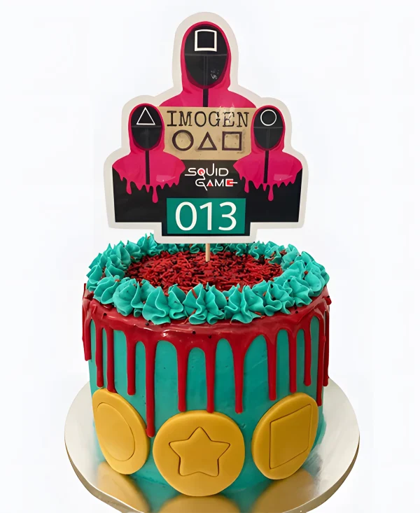 Торт бирюзовый с кремовыми розочками и подтеками Фото