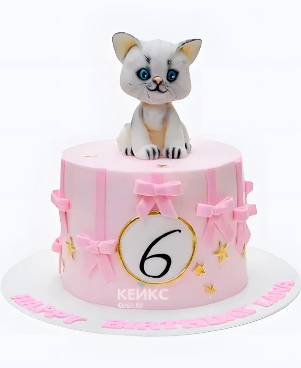 Торт девочке с бантиками и котиком Фото