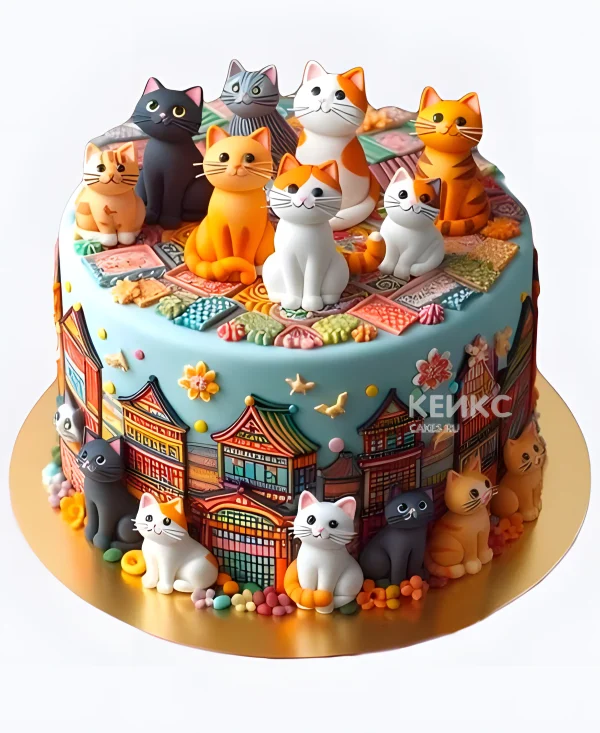 Торт девочке с фигурками кошек Фото