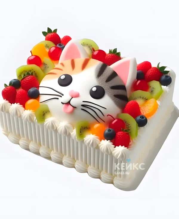 Торт девочке с ягодами и котиком Фото