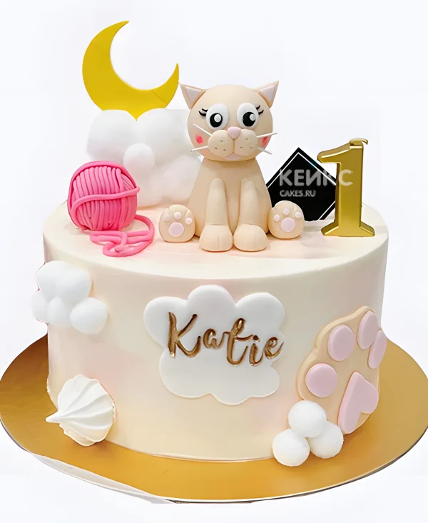 Торт девочке с клубком ниток и котиком Фото