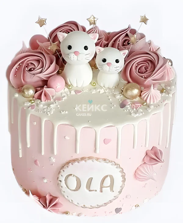 Торт девочке с котиками и бусинами Фото