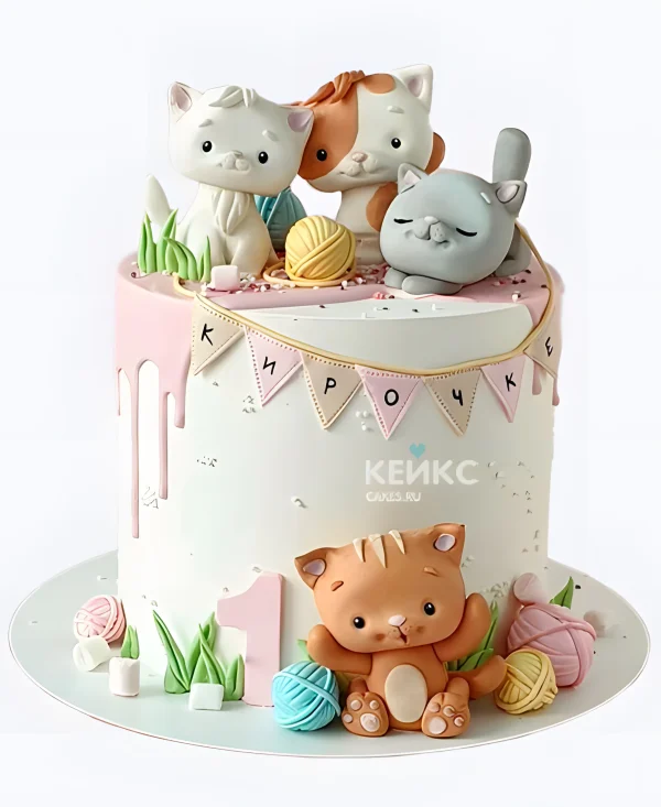 Торт девочке с котиками и флажками Фото