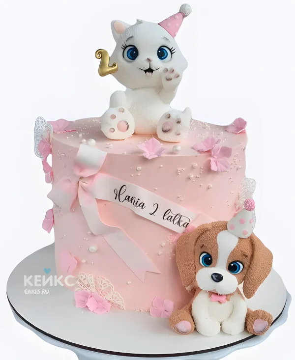 Торт девочке с очаровательными кошечкой и щеночком Фото