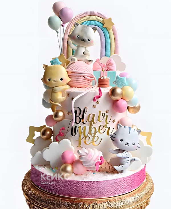 Торт девочке с радугой и котиками Фото