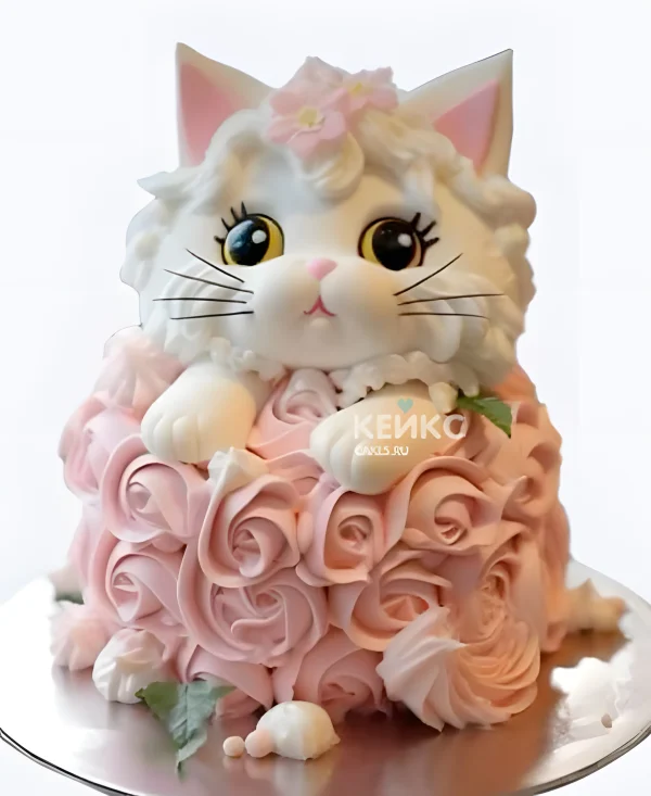 Торт девочке в виде белой кошечки в цветах Фото