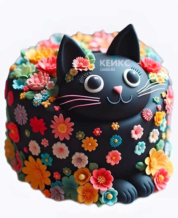 Торт девочке в виде кошечки с цветами Фото