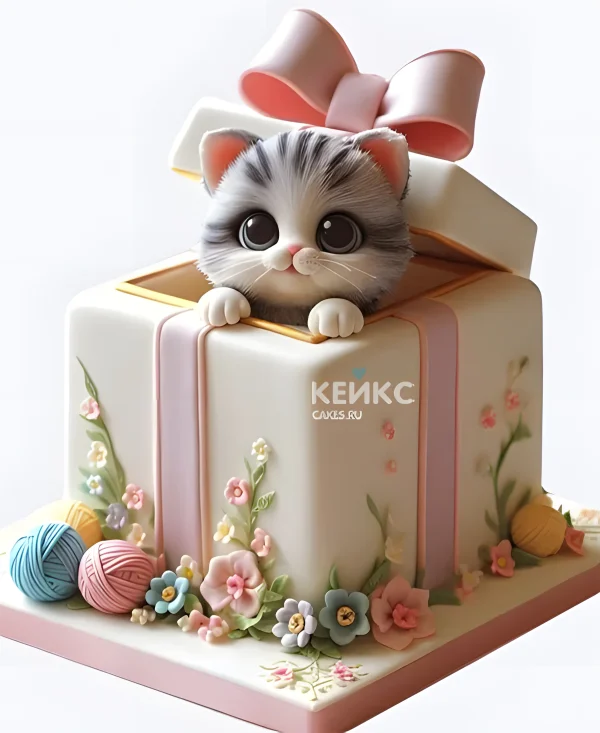 Торт девочке в виде подарочной коробки с котиком Фото