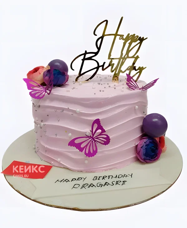 Торт для девочки на день рождения с фиолетовыми бабочками Фото