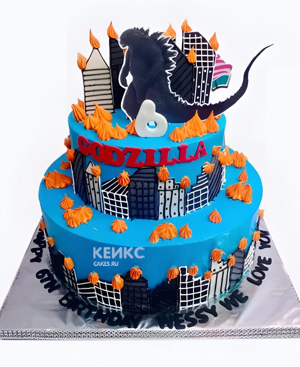 Торт Годзилла город в огне двухъярусный Фото