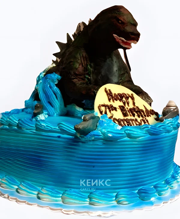 Торт Годзилла из воды с табличкой Фото