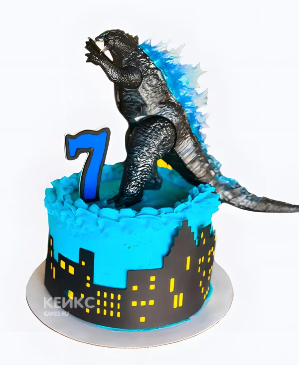 Торт Годзилла над городом голубой с цифрой Фото