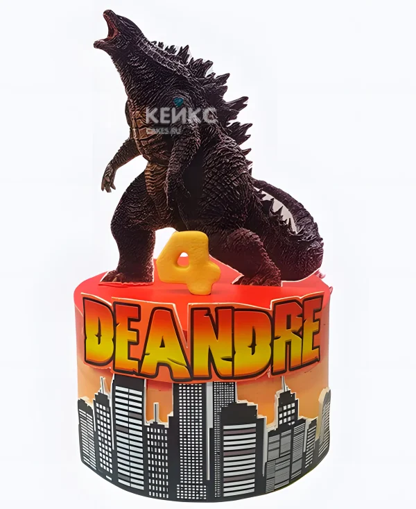 Торт Годзилла над городом красно-оранжевый Фото