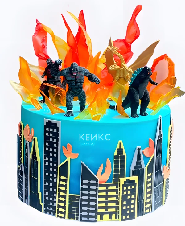 Торт Годзилла с драконом и гориллой в огне Фото