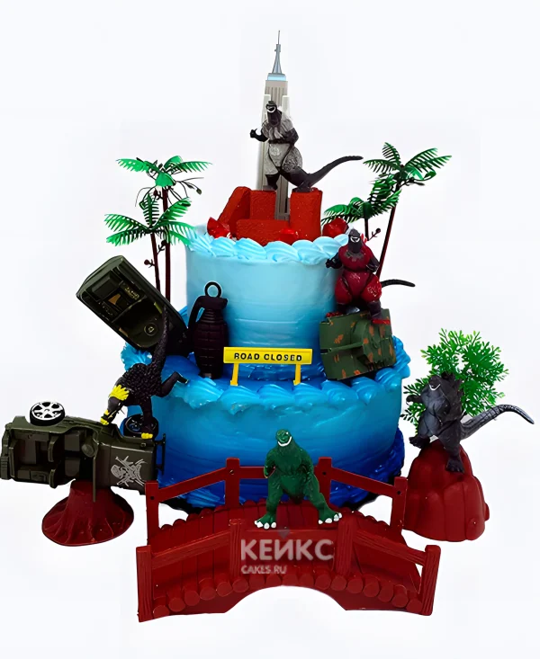 Торт Годзилла с фигурками двухъярусный Фото