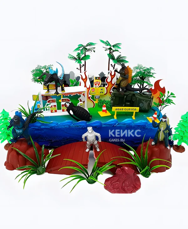 Торт Годзилла с фигурками прямоугольный Фото