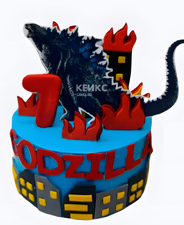 Торт Годзилла с красным огнем и цифрой Фото