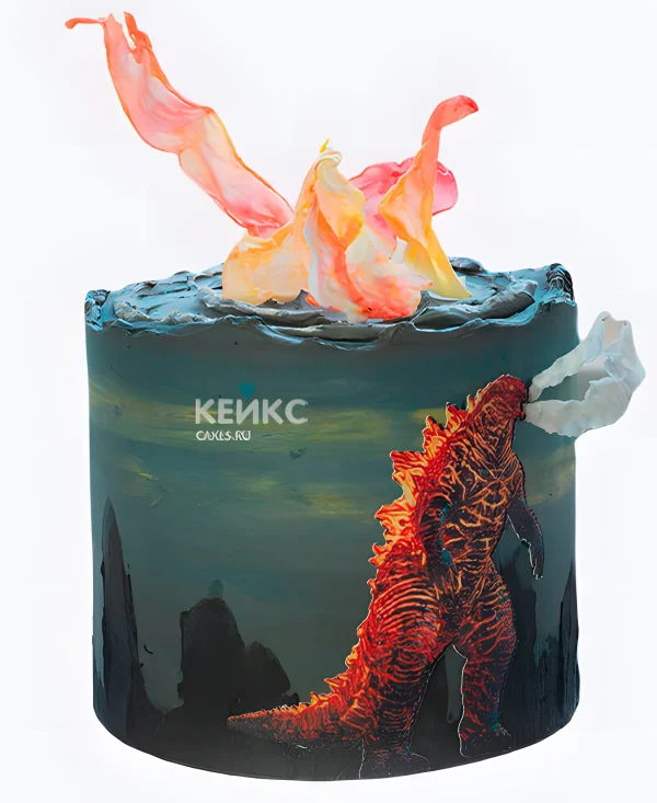 Торт Годзилла с объемным огнем Фото