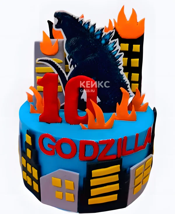 Торт Годзилла с оранжевым огнем и цифрой Фото