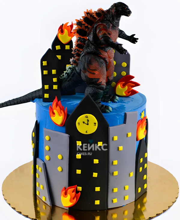 Торт Годзилла в городе в огне Фото