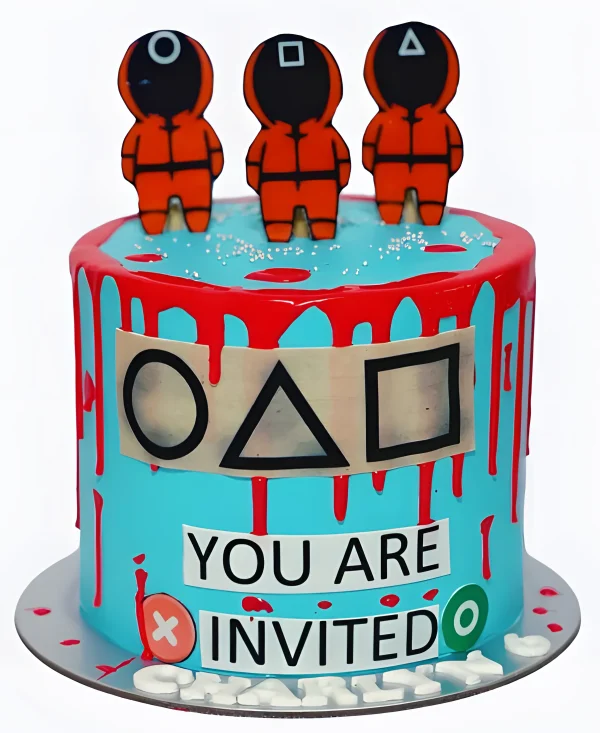 Торт голубой с красными подтеками Фото