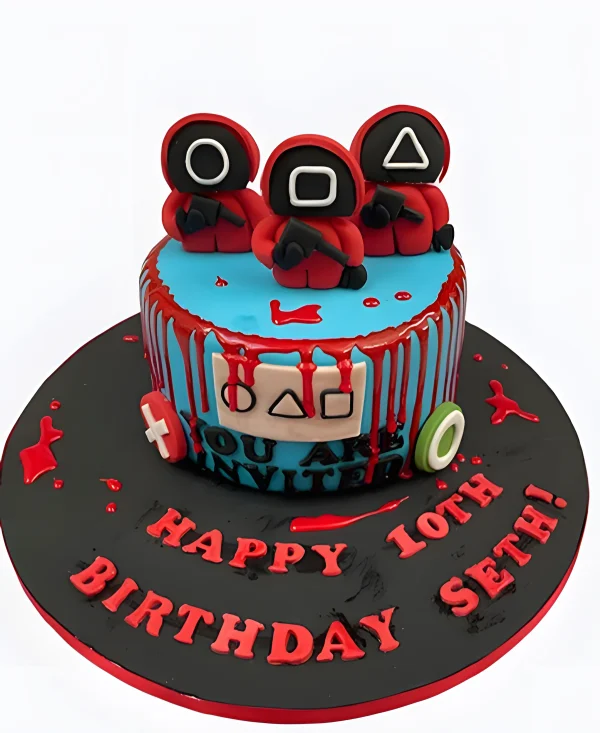 Торт голубой с кровавыми подтеками Фото