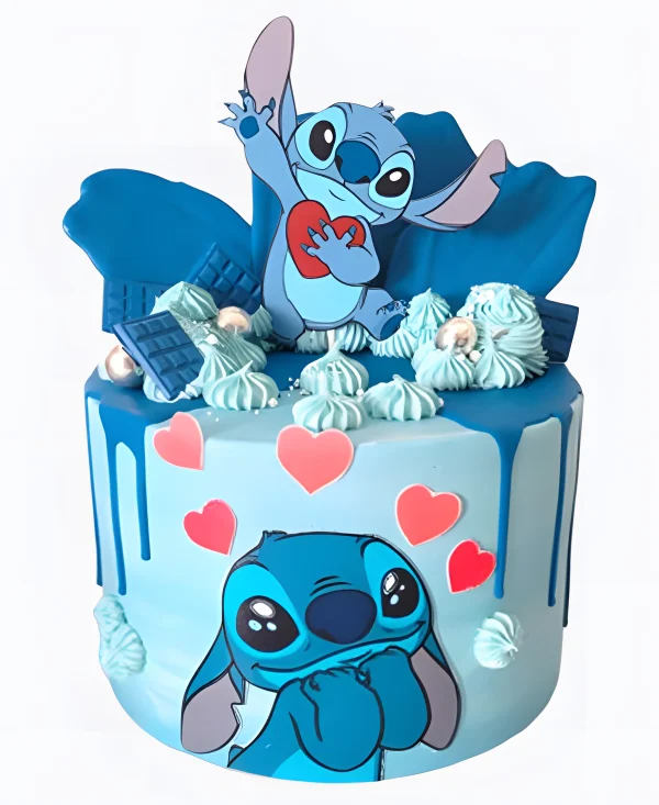 Торт голубой с сердечками и подтеками Фото